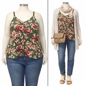 Bobeau Floral Camisole Tank Top | Green Red Floral | Size 1X